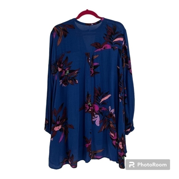 FREE PEOPLE S Tree Swing Tunic Top Mini Dress Blue Floral Cutout Flowy Boho XS - Picture 7 of 16